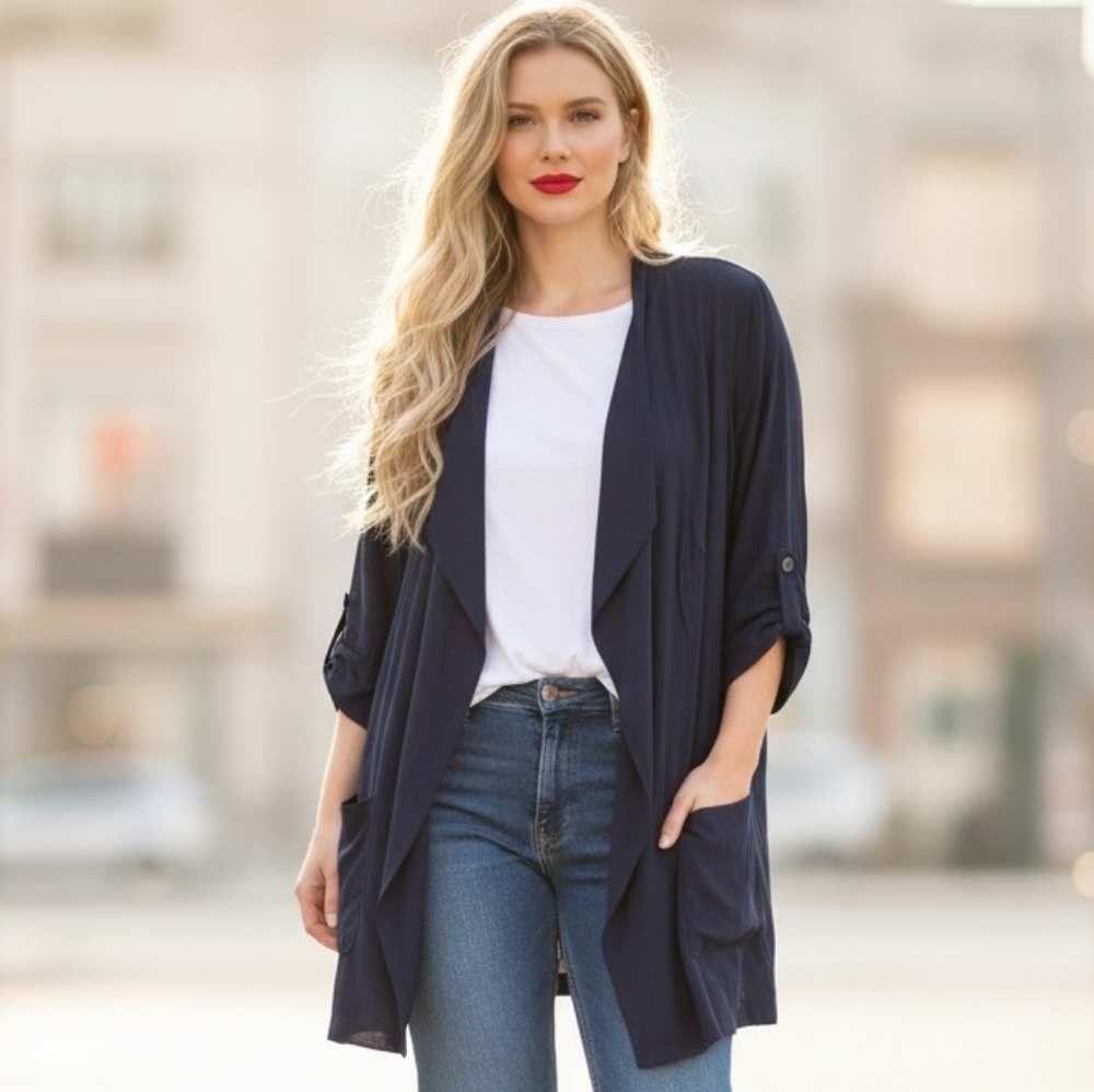Lane Bryant Navy Blue Open Front Lightweight Drape Jacket